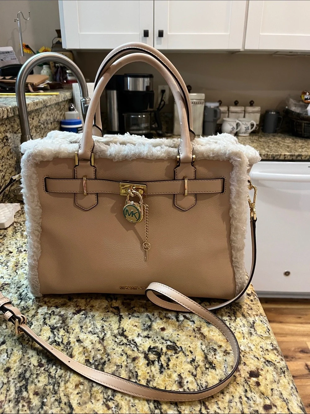 Michael Kors Hamilton leather and faux shearling trim handbag